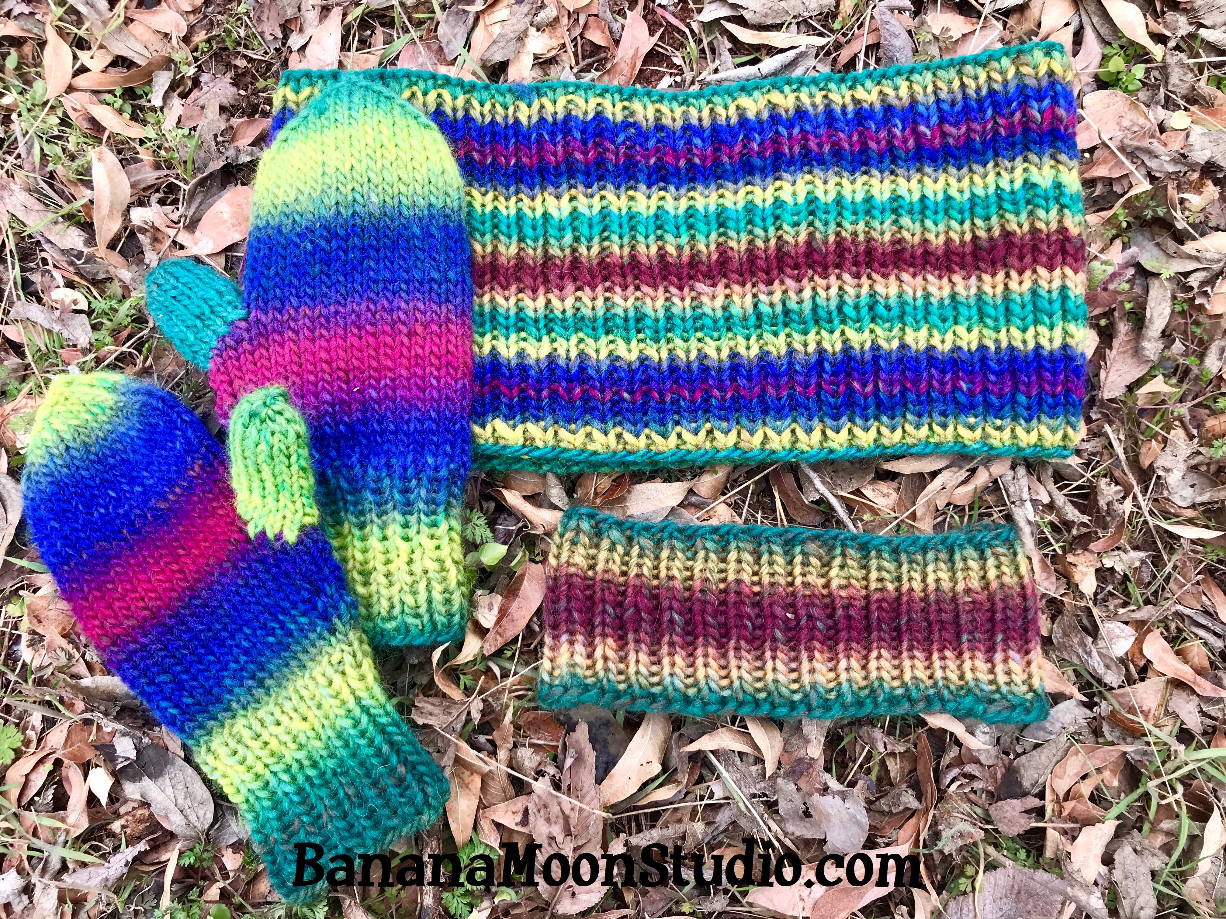 Easy Knit Winter Accessories, Free patterns! Headband, Mittens, and Cowl by April Garwood of Banana Moon Studio