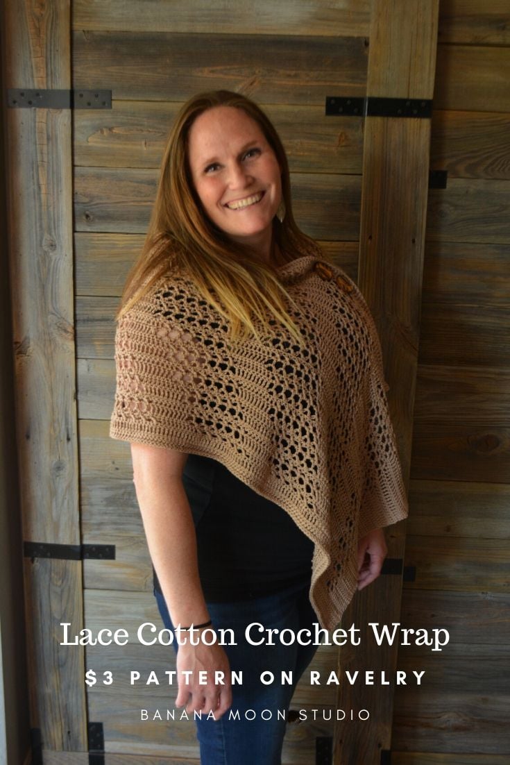 Cotton lace crochet wrap for spring and summer. $3 crochet pattern from Banana Moon Studio.