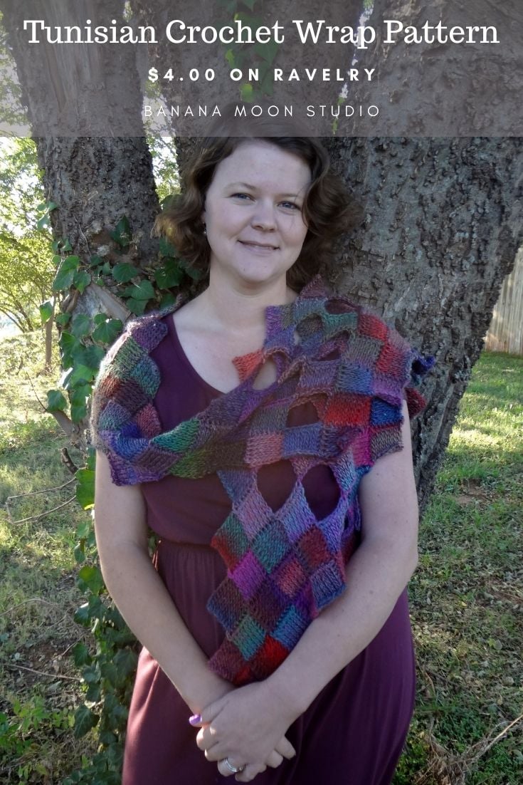 Tunisian crochet entrelac wrap pattern from Banana Moon Studio