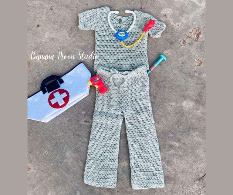 Crochet costume pattern for children to look like medical scrubs along with children's doctor toys. Text on the image reads: Banana Moon Studio.