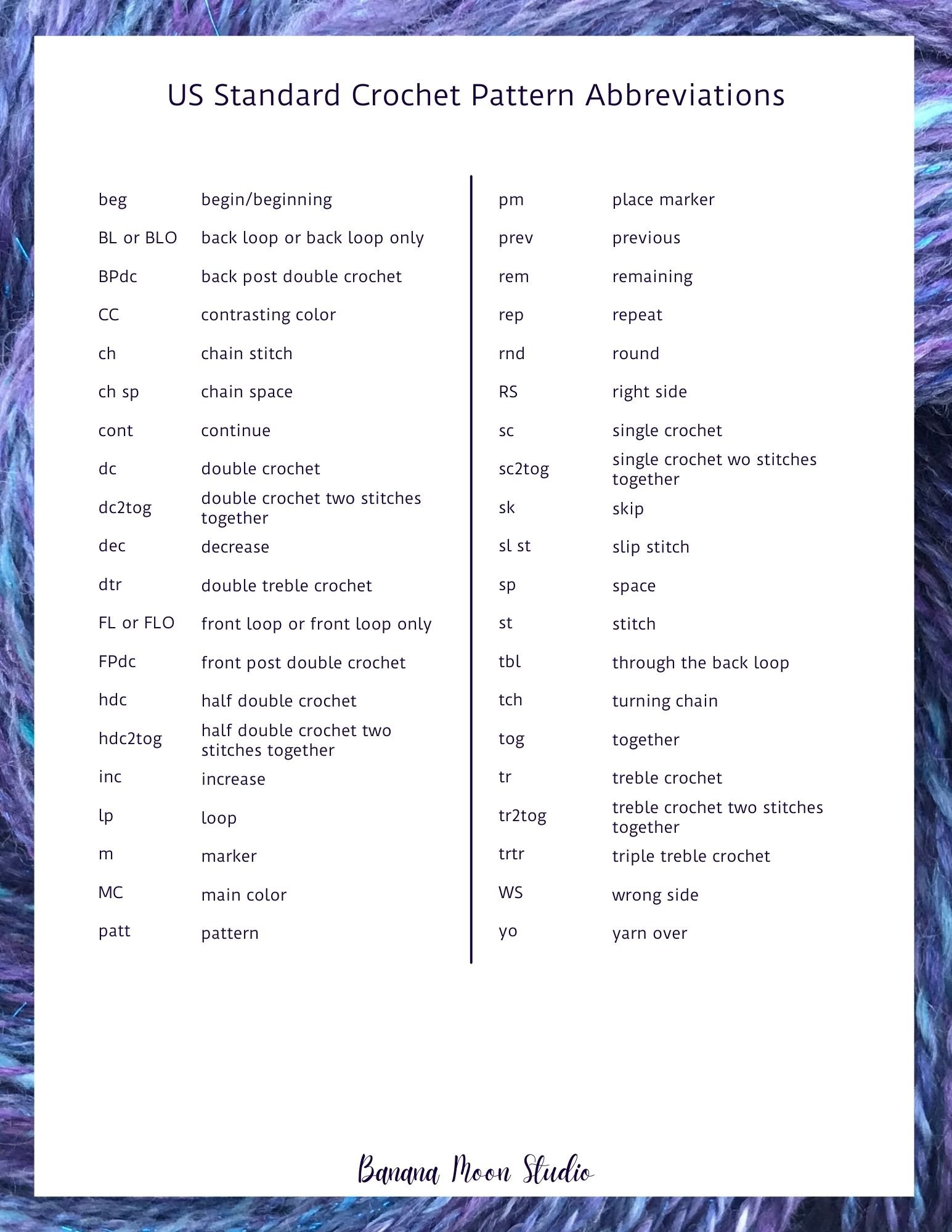 Free Printable List of Crochet Abbreviations • Banana Moon Studio