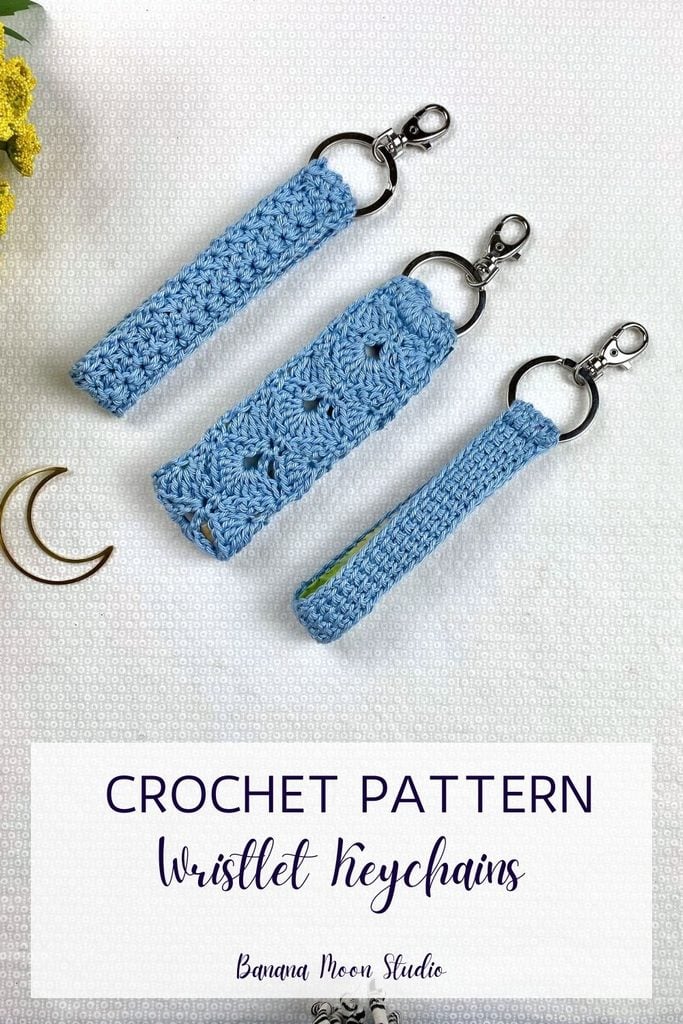 Photo of 3 sky blue crochet wristlet keychains, each with a different stitch pattern. A panel with text reads: Crochet pattern, wristlet keychains, banana moon studio.