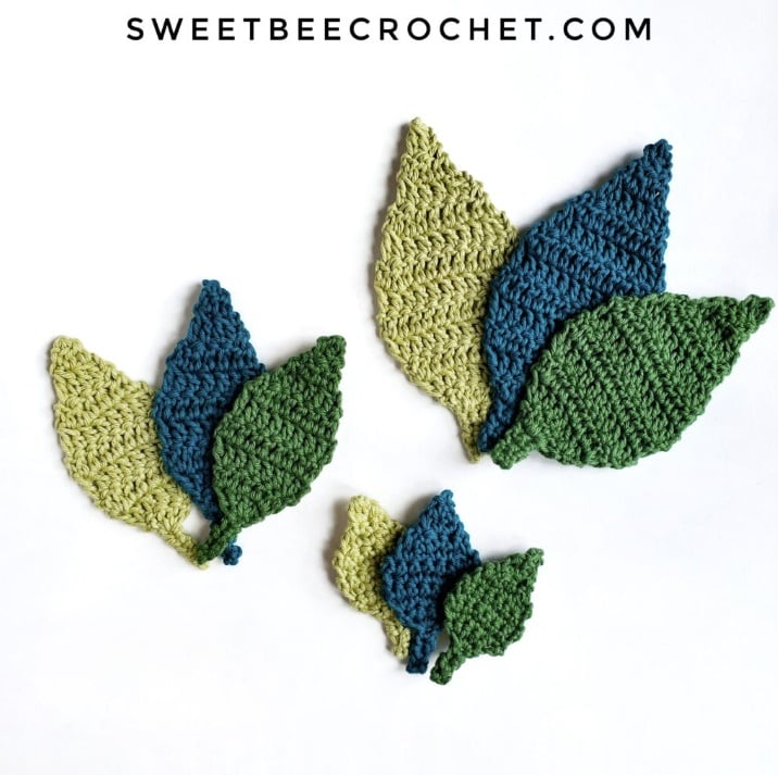 Crochet leaf patterns in three sizes and three colors arranged on a white background. Text on the image reads: SweetBeeCrochet.com.