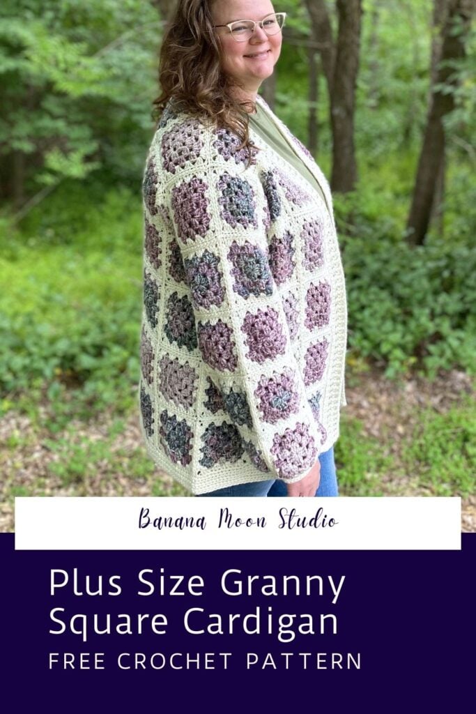 A woman standing in the woods wearing a granny square cardigan in cream and shades of purple and green over a green t-shirt and blue jeans. Text on the image reads: Banana Moon Studio. White and purple panels with text read: Banana Moon Studio. Plus size granny square cardigan free crochet pattern.