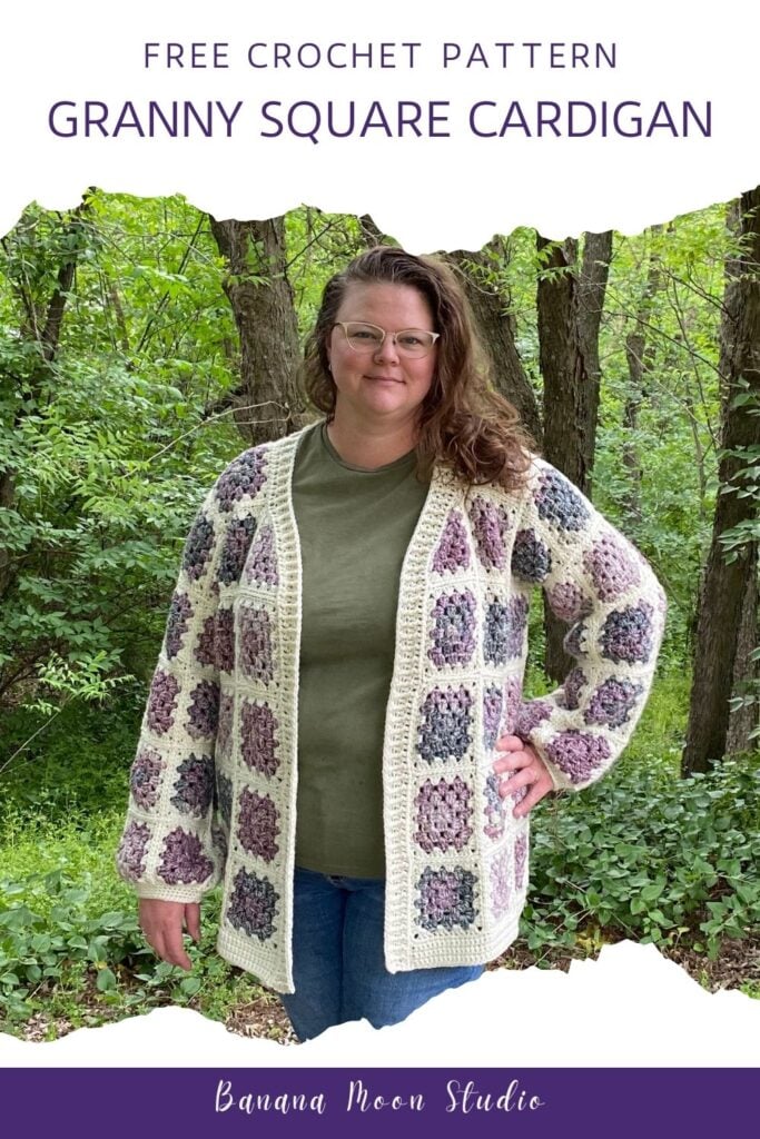 A woman standing in the woods wearing a granny square cardigan in cream and shades of purple and green over a green t-shirt and blue jeans. Text on the image reads: Banana Moon Studio. White and purple panels with text read: Free crochet pattern. Granny square cardigan. Banana Moon Studio.