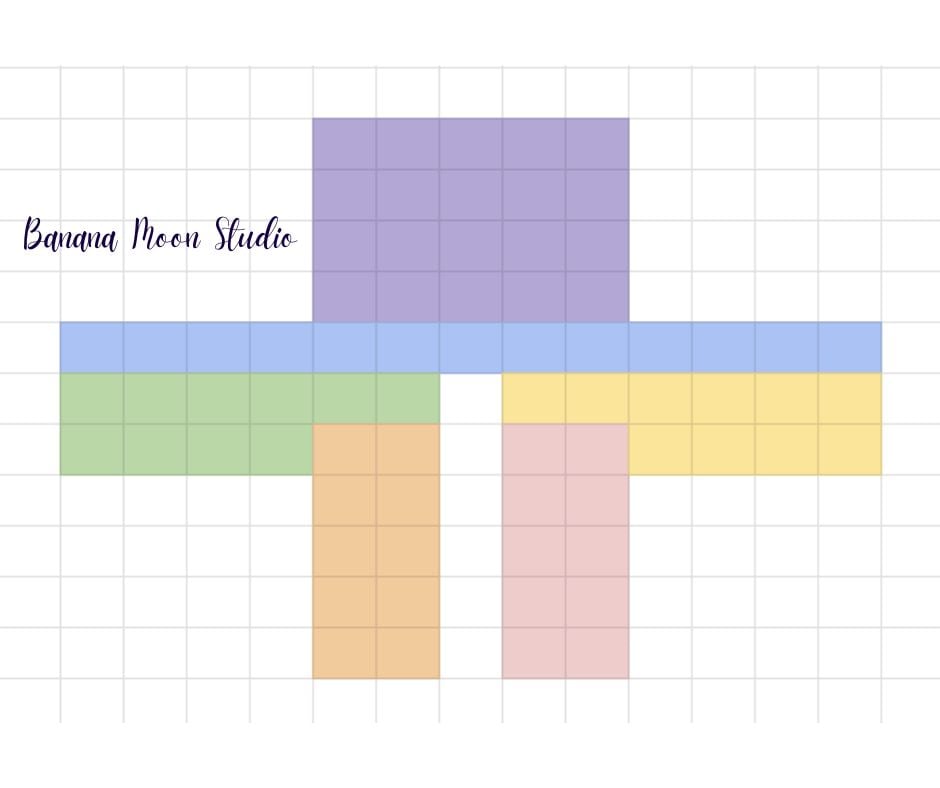 Diagram of squares showing the layout and joining order of the squares for a crochet granny square cardigan. Text on the image reads: Banana Moon Studio. 