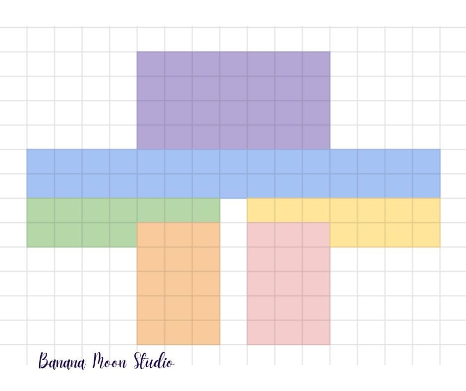 Diagram of squares showing the layout and joining order of the squares for a crochet granny square cardigan. Text on the image reads: Banana Moon Studio. 