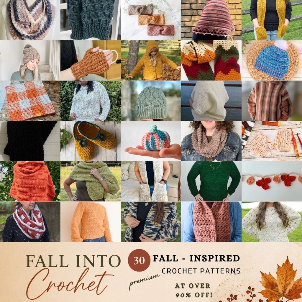 Photo collage of crochet projects available as part of a crochet blog hop for fall. Text on the image reads: Fall into crochet, 30 fall-inspired premium crochet patterns at over 90% off!
