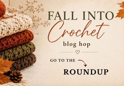 Graphic used as a button. A stack of fall-colored crochet blankets is on the left. Text reads: Fall into crochet blog hop, go to the roundup.