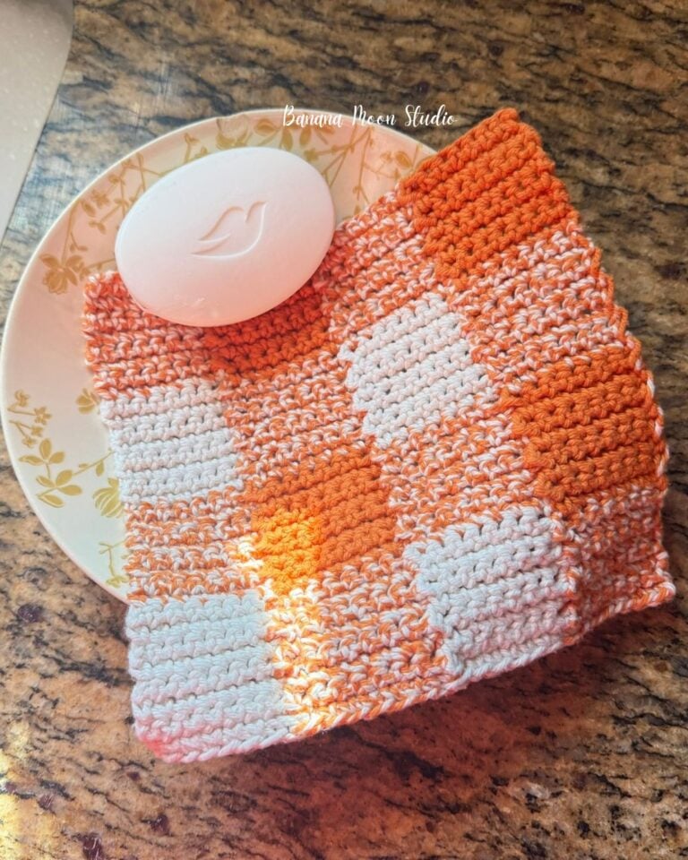 Crochet gingham dishcloth and a bar of soap in a bowl on a granite countertop. Text on the image reads: Banana Moon Studio.