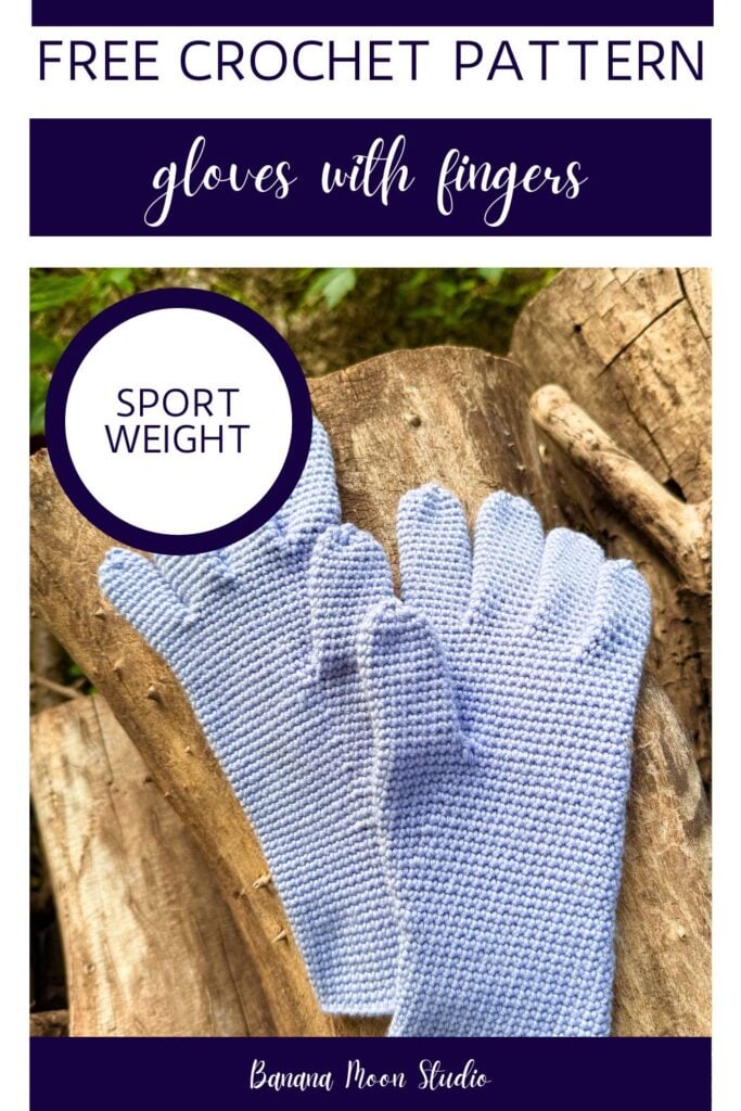 Purple crochet gloves with fingers lie flat on a wood pile. Panels with text read: Free crochet pattern, gloves with fingers, sport weight, banana moon studio.