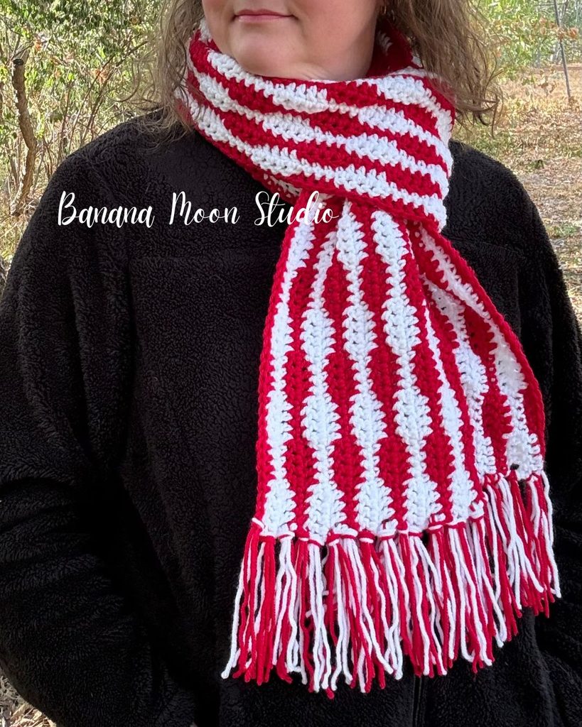 A woman stands outside wearing a striped crochet scarf with fringe on the ends over a black jacket. Text on the image reads: Banana Moon Studio.