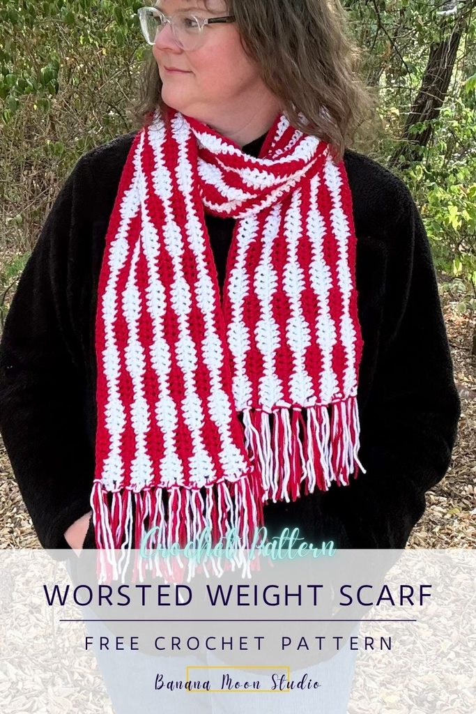 A woman stands outside wearing a striped crochet scarf with fringe on the ends over a black jacket. A panel with text reads: Worsted weight scarf free crochet pattern, banana moon studio.