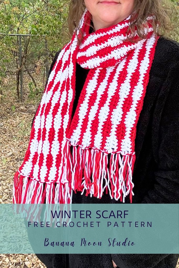 A woman stands outside wearing a striped crochet scarf with fringe on the ends over a black jacket. A panel with text reads: Winter scarf free crochet pattern, banana moon studio.