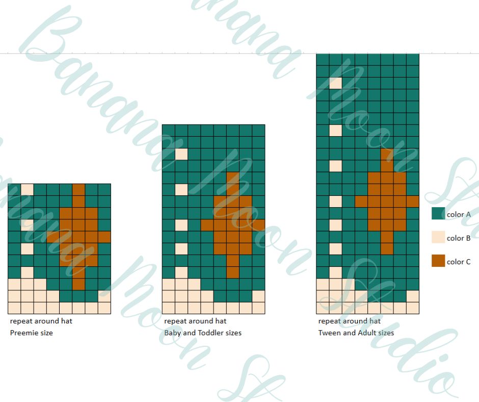 Grid charts showing colored squares to represent stitches. These charts show color placement for the colorwork crochet beanie pattern.