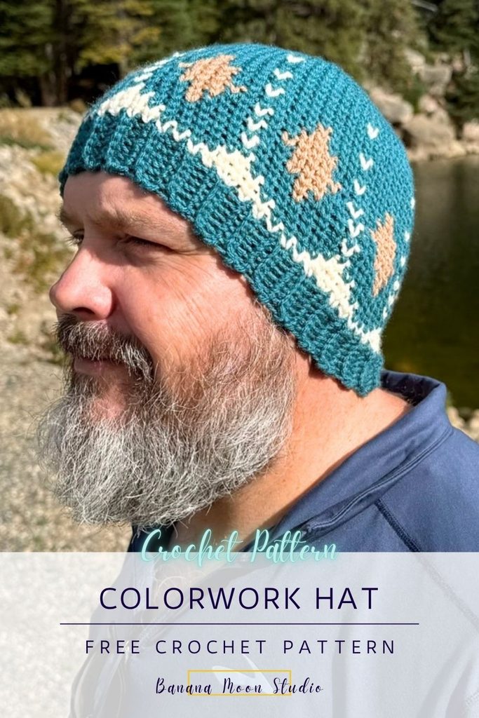 A bearded man stands outside and wears a crochet fair isle beanie. A panel with text reads: crochet pattern, colorwork hat, free crochet pattern, banana moon studio.